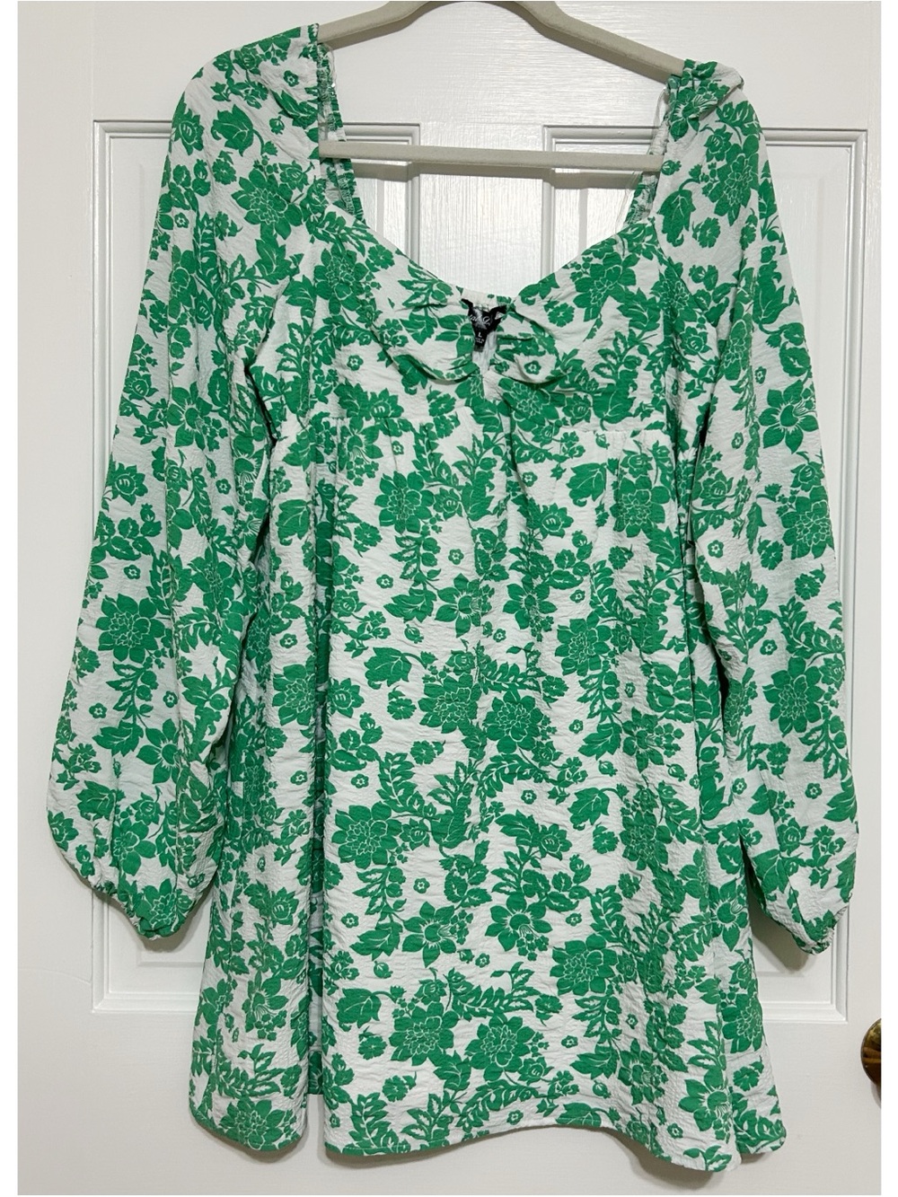 Crystal Doll Green and White Floral Peasant Dress